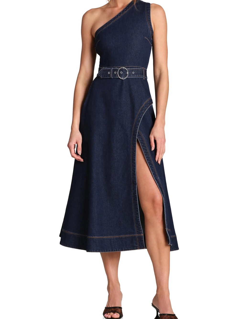 Avec Les Filles One-Shoulder Dark Blue Denim Belted Dress